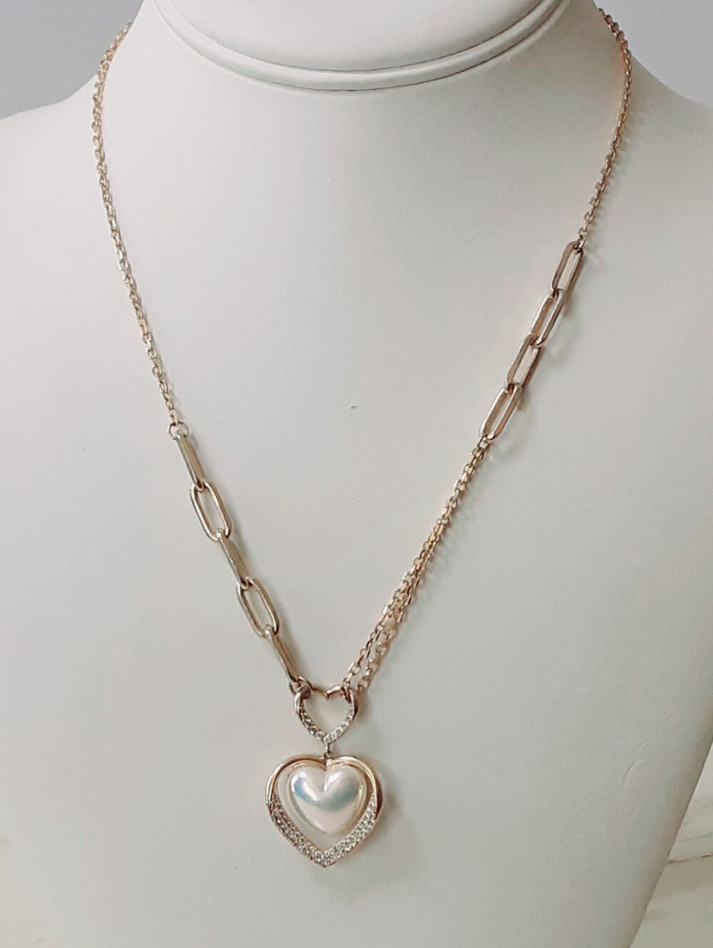 Gold Pleat Faux Pearl Double Heart Cystal Pendant Paperclip Necklace 18"